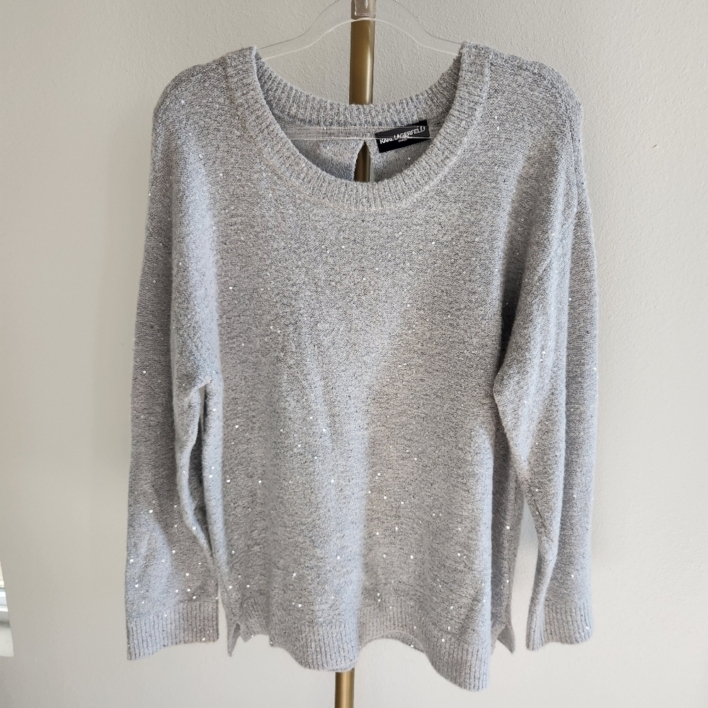 Karl Lagerfeld Sequin Scoop Sweater Womens Size Large Bow Detail Long Sleeve